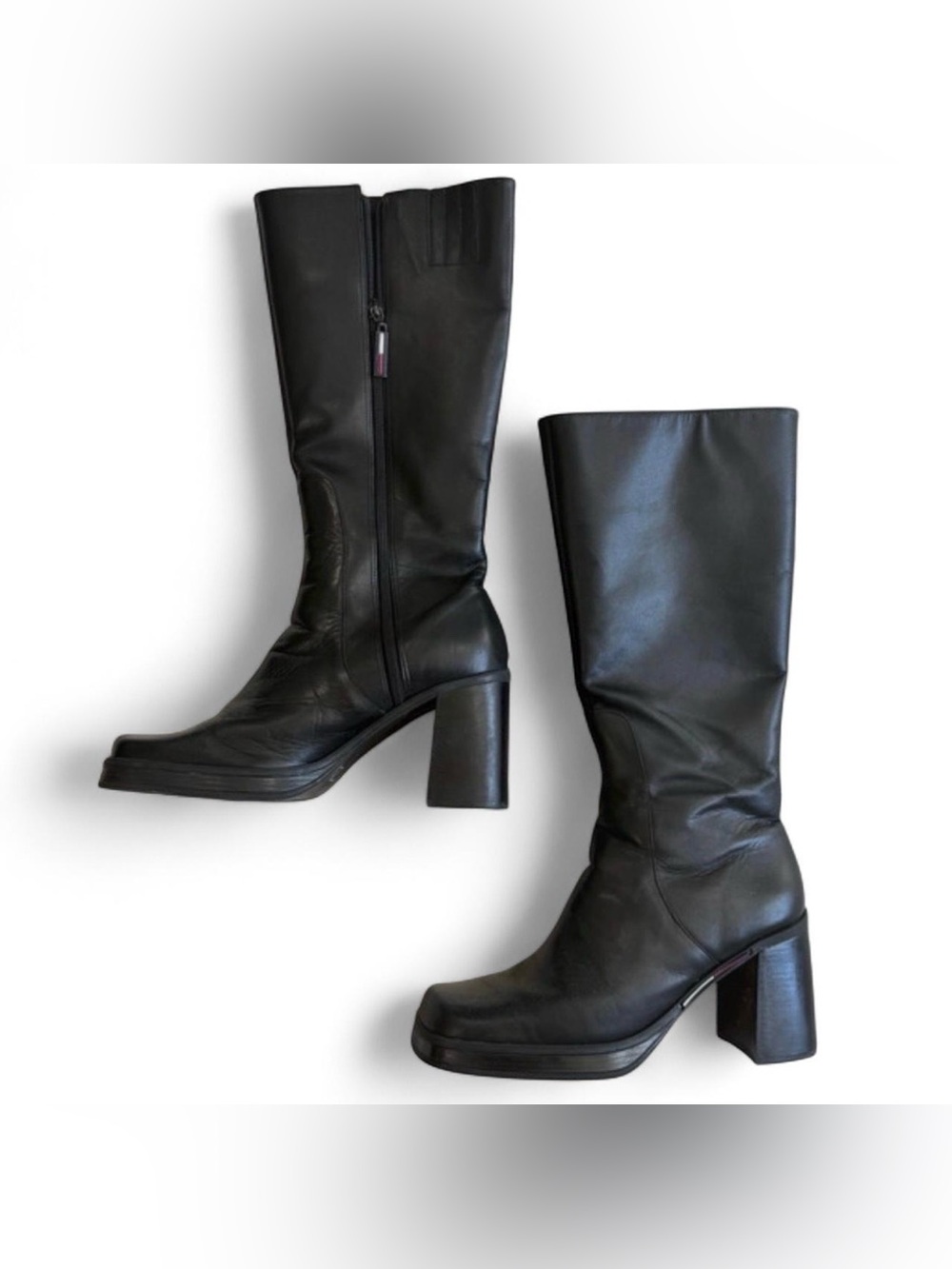 Tommy Hilfiger Black Knee-High Leather Block Heel Boots